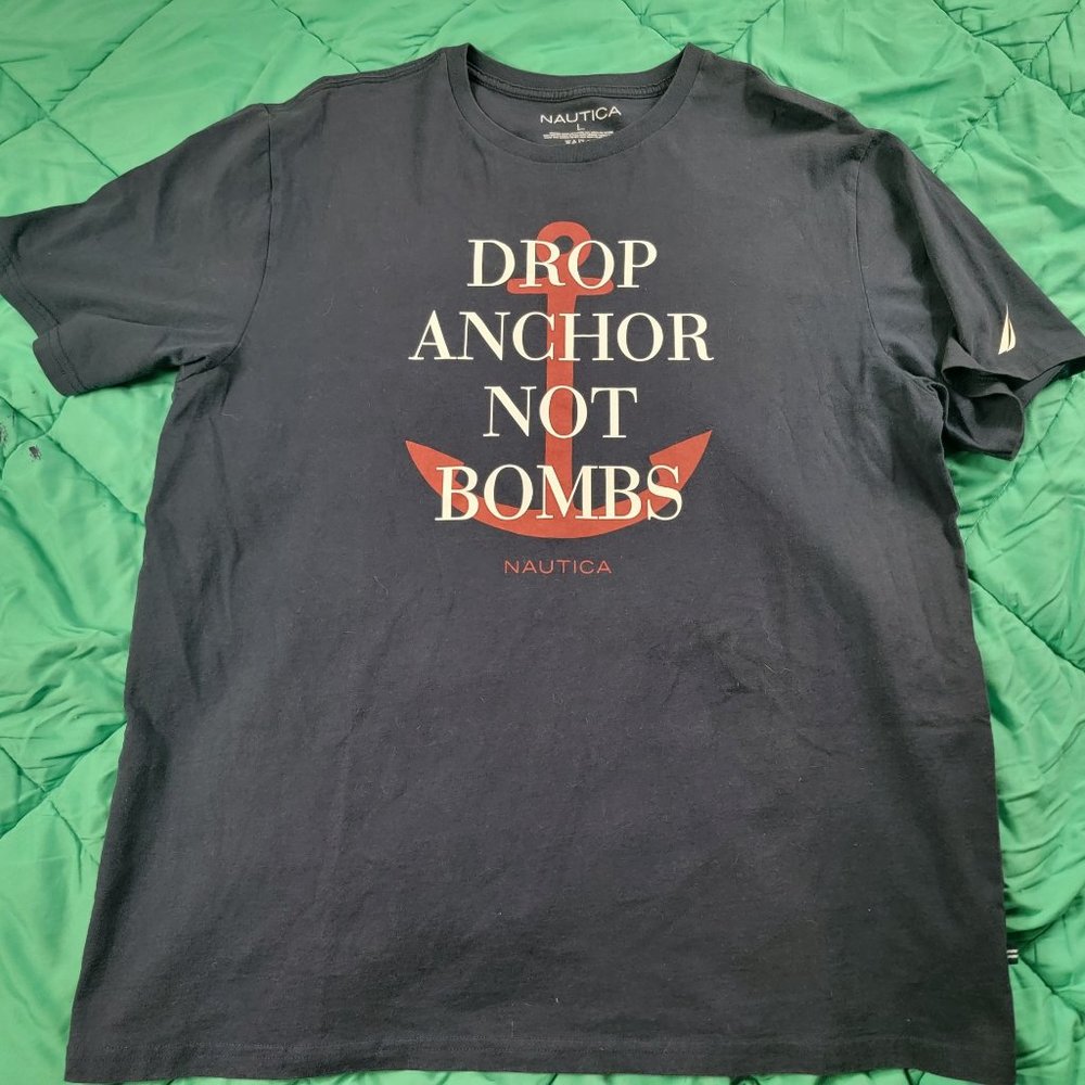 Nautica Mens Large Black Shirt Drop Anchor Not Bombs Casual Short Sleeve Tshirt